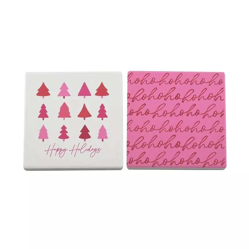 Set of 2- 2pc Cork Backed Coasters Happy Holidays Christmas Trees Pink Red White